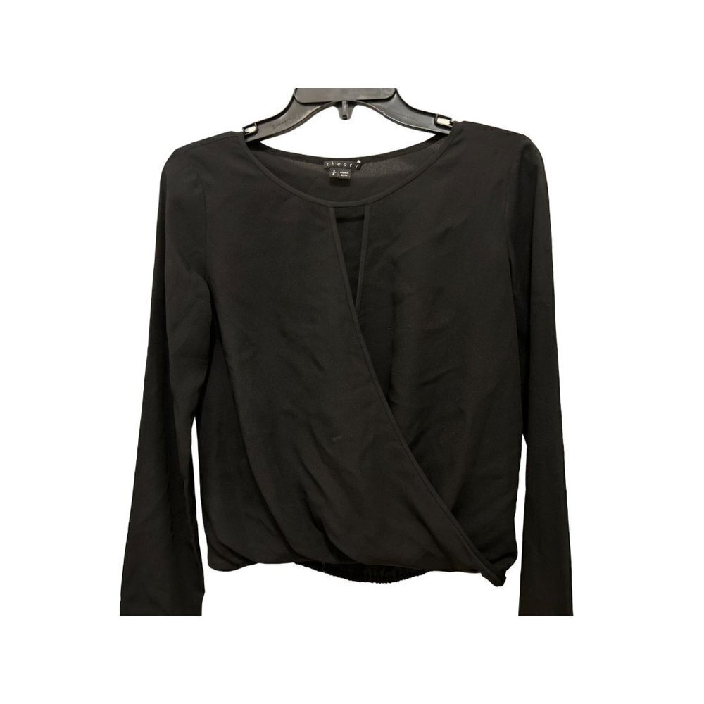 Theory 100% Silk Cropped Blouse Top Black Long Sleeve Size Small/P